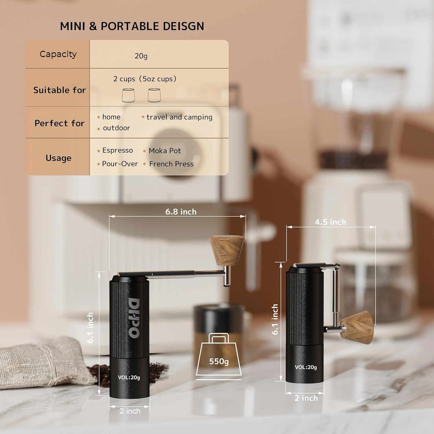 DHPO Sky-Two Manual Coffee Grinder With 7 Axis Stainless Steel Conical Burr Mill, Portable Hand Coffee Grinder With Foldable Handle For Espresso, Drip, French Press, Camping, Travel, Home, Black