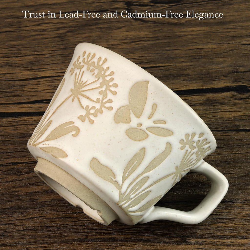 Ceramic Coffee Mug, 12 oz Novelty Unique Teacup with Large Handle, Stoneware Cup for Tea Mocha Latte Cappuccino Espresso (Set of 2, Butterfly and Ivy)