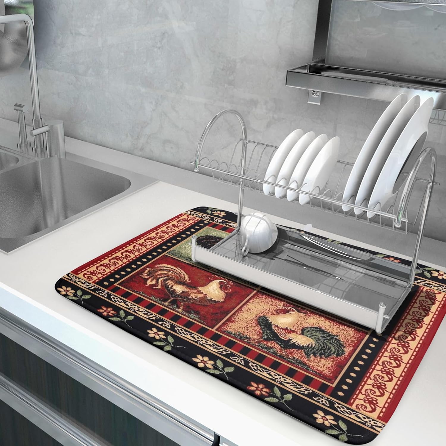 Farmhouse Rooster Dish Drying Mat 18 x 24 Inch Vintage Chicken Flower Absorbent Microfiber Dish Drying Pad Western Country Cabin Decor Dish Drainer Large Mat for Kitchen Counter Coffee Bar