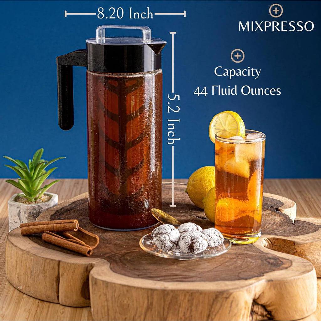 Mixpresso Cold Brew Maker For Iced Coffee and Iced Tea, Cold Coffee Maker Glass Pitcher, Tea Infuser For Loose Leaf Tea, 44oz Large Ice Tea Brewer with Easy to Clean Reusable Mesh Filter.