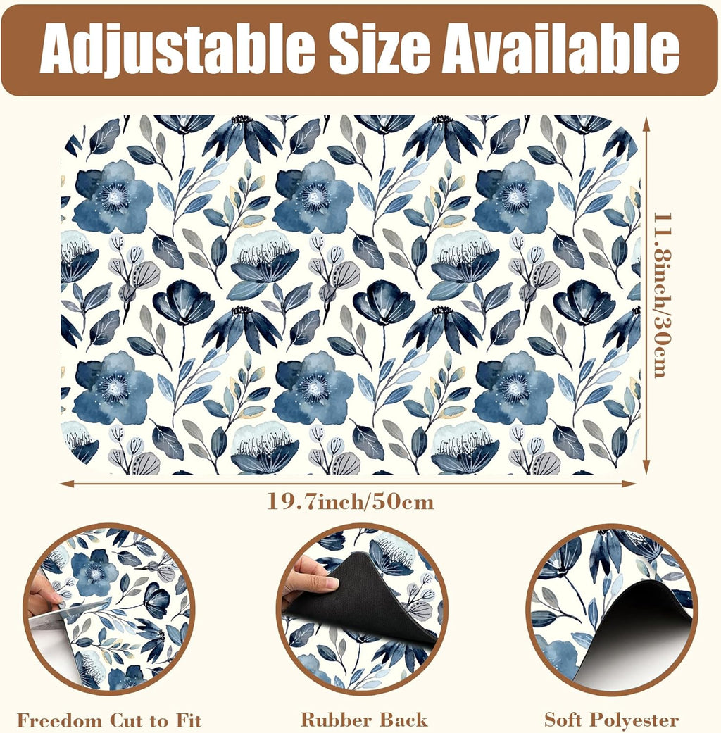 Blue Flowers Dish Drying Mat for Kitchen Counter Coffee Mat Hide Stain Absorbent Dish Drainer Rack Pad with Non-Slip Rubber Backed Espresso Machine Coffee Bar Accessories 11.8 x 19.7 Inch