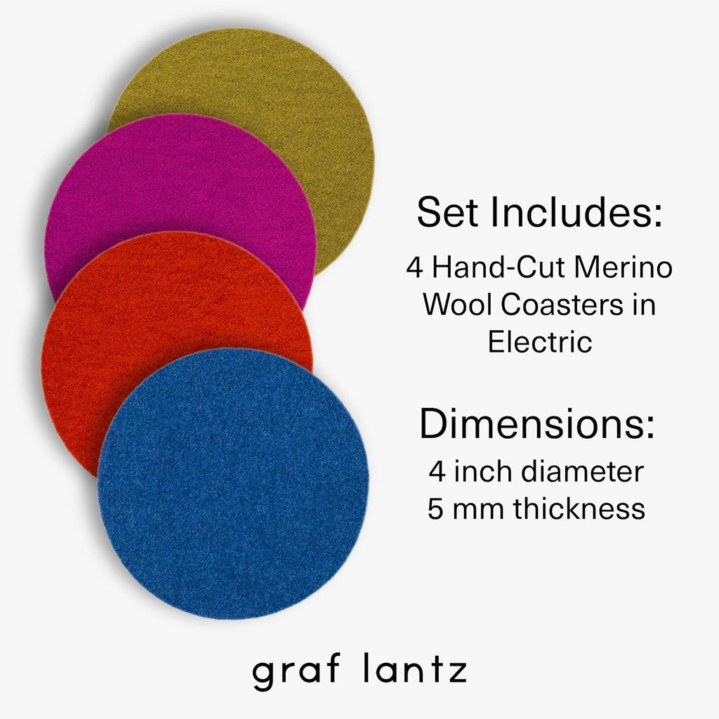 Graf Lantz - Bierfilzl Merino Wool Round Coasters Set of 4 - Electric (4" Circles) - Absorbs 30% of Weight - German Wool - Heat Resistant, Sustainable, & Reusable - Home Decor & Coffee Table Decor
