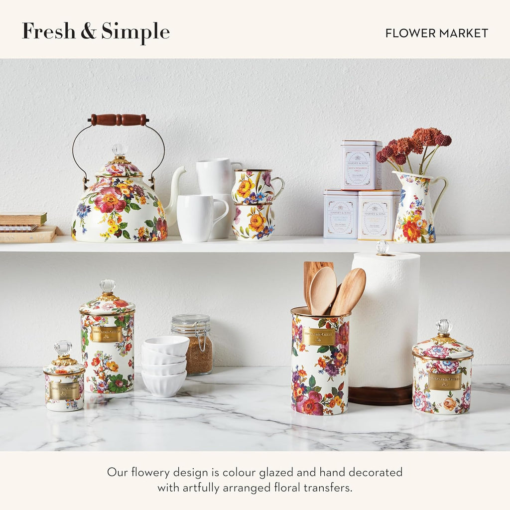 MACKENZIE-CHILDS Small Enamel Canister, Kitchen Storage Container for Flour and Sugar, 1.13 Liters, White Flower Market