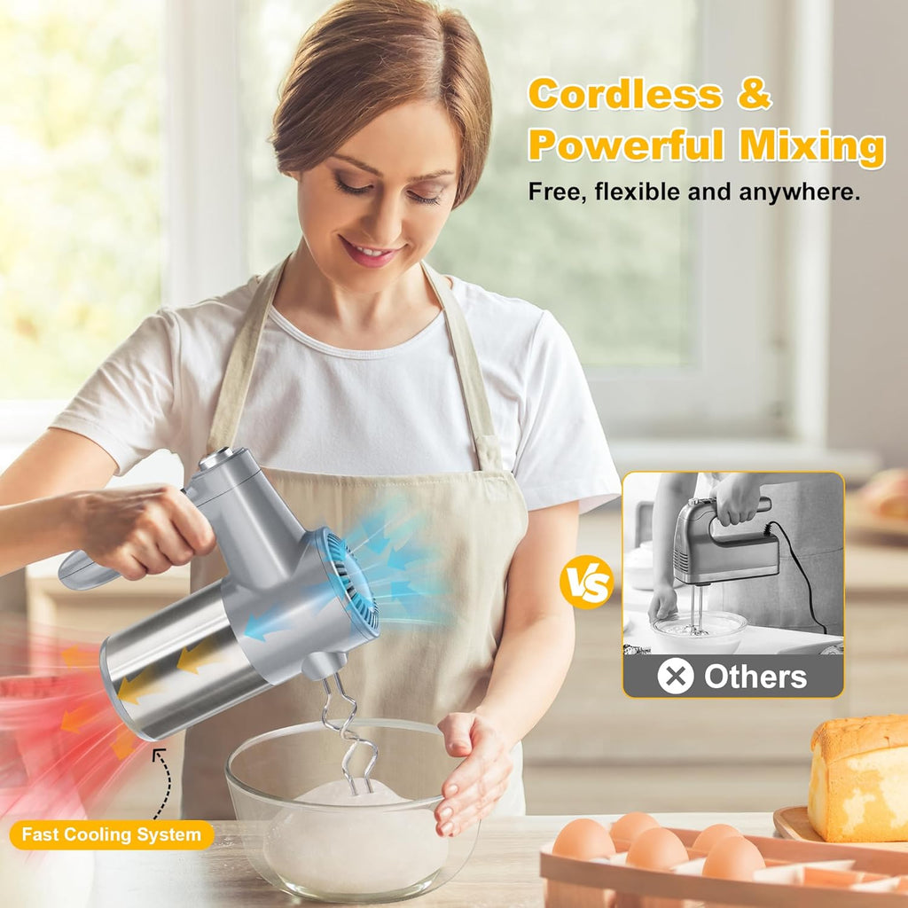 Cordless Hand Mixer, Electric Mixer Handheld Digital Display 7 Speed Rechargeable with 6 Stainless Steel Attachments Whisks Beaters Dough Hooks & Storage Base, Blender for Baking, Eggs, Silver