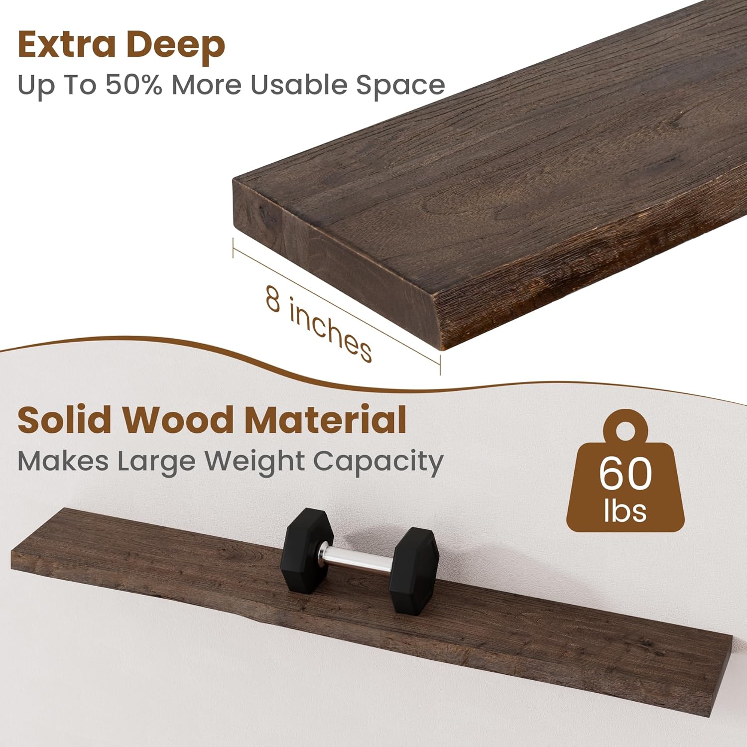 Floating Shelves for Wall Decor, Rustic Solid Elm Wood Live Edge Floating Shelves Wall Mounted, Wall Shelves with Invisible Bracket for Living Room Bathroom Bedroom Kitchen, 48 Inch, Walnut