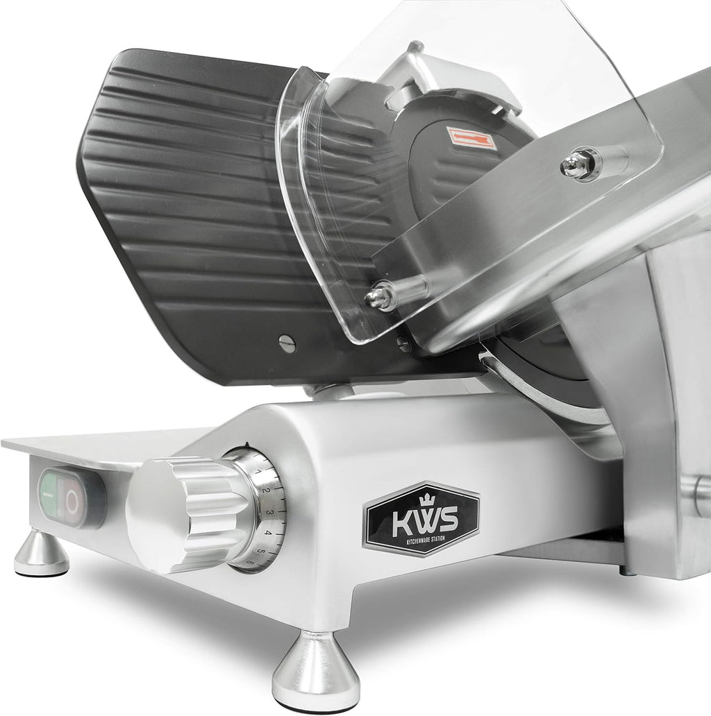 KWS MS-10ET All Metal 320W Electric Meat Slicer 10-Inch with Non-sticky Teflon Blade & Extended Back Space, Frozen Meat/Cheese/Food Slicer Low Noise Commercial and Home Use [ ETL, NSF Certified ]
