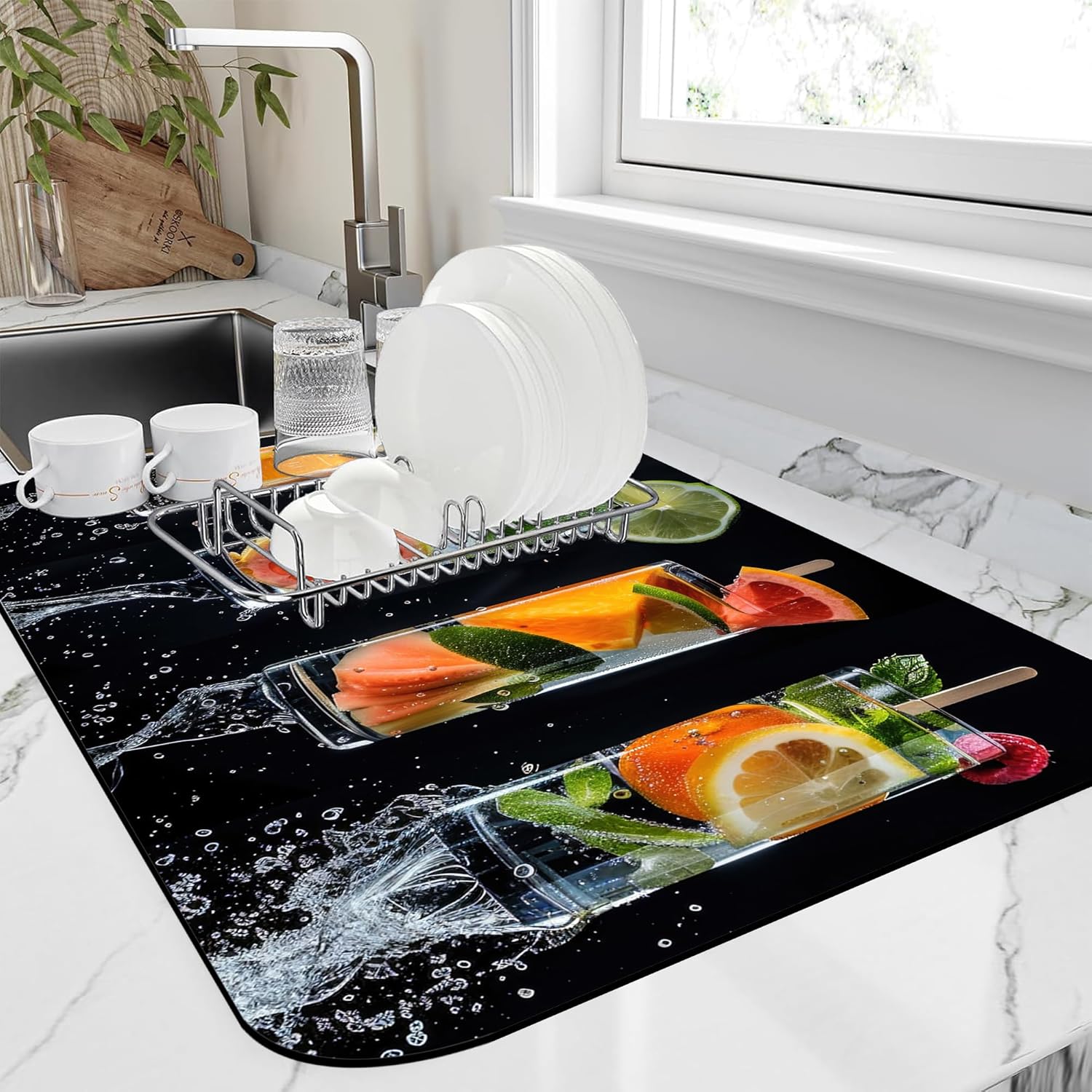 Dish Drying Mat Glasses Filled with Various Fruits Kitchen Mat 16"x24" Bsorbent Coffee Maker Mat for Dishes,Utensils Coffee Maker Pots and Pans Easy Clean Dish Slip Resistant Pad