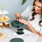 7PC Japanese Tea Set. "KIYOSHI Green" Cast Iron Tea Pot with 2 Tea Cups, 2 Saucers, Infuser and Teapot Trivet. Ceremonial Matcha Accessories