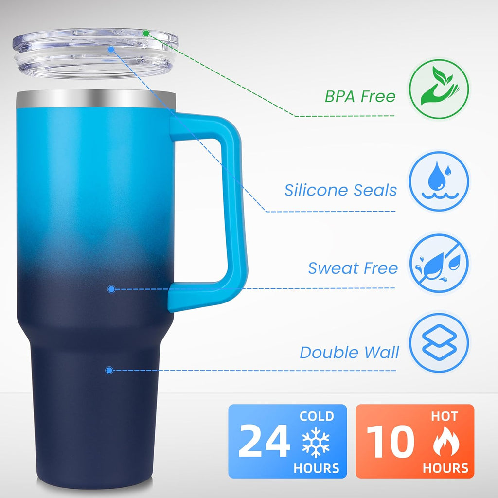 DOMICARE 40 oz Tumbler with Handle and Straw, Stainless Steel Tumbler with Lid and Straw, Reusable Vacuum Insulated Cup, Travel Coffee Mug, Blue Gradient, 4Pack
