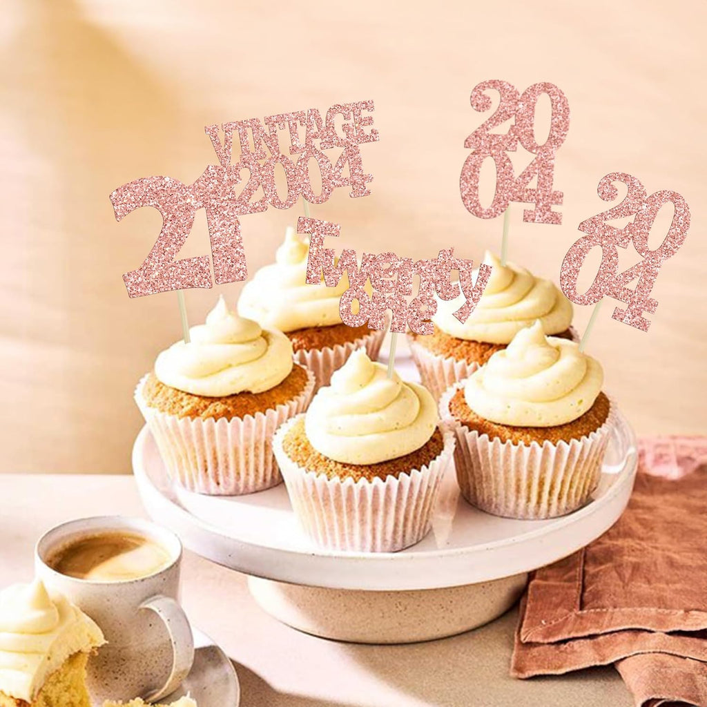 Gyufise 24Pcs 21st Birthday Cupcake Toppers Glitter Twenty-one Vintage 2004 21 Years Birthday Cupcake Picks Cheers to 21 Cake Decorations for Happy 21st Anniversary Party Supplies Rose Gold