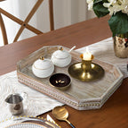 MAONAME Wood Serving Tray, Farmhouse Wooden Tray for Coffee Table, Octagonal Beaded Trays, Washed White Decorative Trays for Living Room, Kitchen, 15.7" X 10.2" X 1.6"