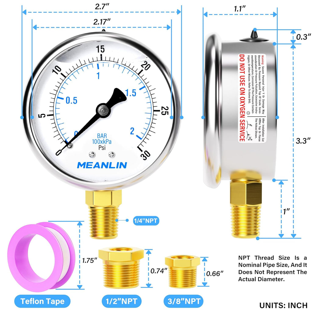 MEANLIN MEASURE 0~30Psi Stainless Steel 1/4" NPT 2.5" FACE DIAL,Liquid Filled Pressure Gauge,WOG Water Oil Air Lower Mount (Pack of 2), with 1/4" x 1/2" NPT and 1/4" x 3/8" NPT Hex Bushing