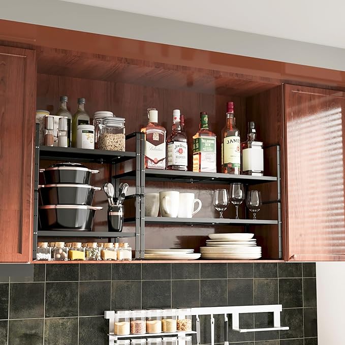 16.5~27.1" Expandable Shelf Organizer, 2Pack 8.1" Wide Stackable Cabinet Shelf Organizers, Black Metal Sturdy Kitchen Counter Storage for Countertop, Adjustable Height Spice Rack