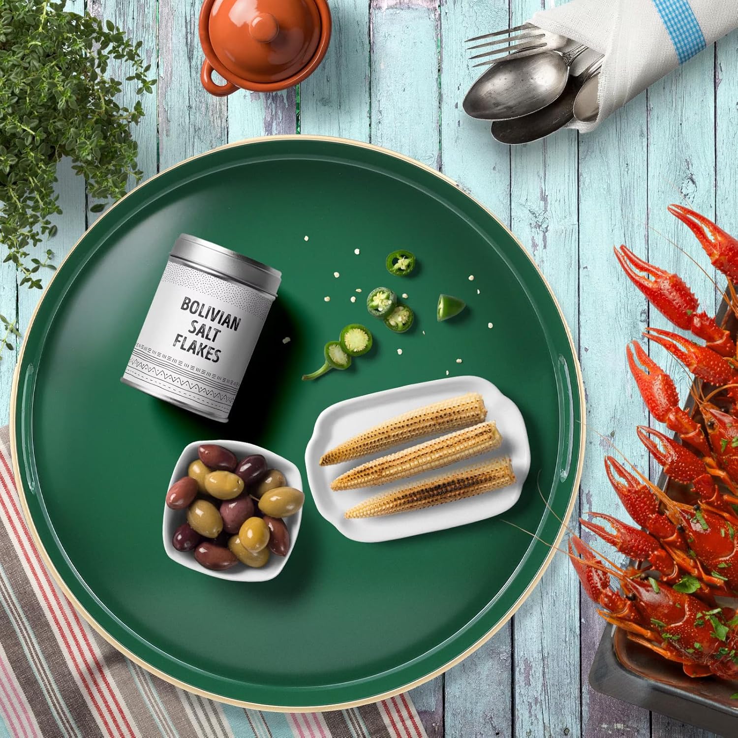 Green Round Decorative Tray with Handles, 13" Versatile Serving Tray for Coffee Table, Ottoman, Ideal for Serving, Displaying, Organizing