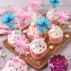Ephlyn 30Pcs Foil Firework Cupcake Toppers Sparkle Tinsel Cupcake Picks Happy Birthday Cake Decorations Drink Stirrers Cocktail Food Toothpicks for Baby Shower Graduation Party Supplies Blue Pink