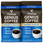 VitaCup Genius Ground Keto Coffee w/Turmeric, MCT Oil, B Vitamins, D3, Ground Coffee Medium Dark Roast, Bold & Smooth, 100% Arabica Coffee Grounds, 2 bags, 11oz each