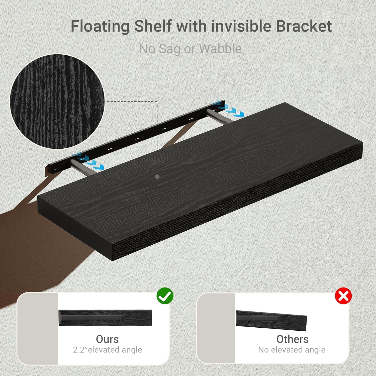 Vivelove Black Floating Shelves for Wall Mounted, 24 inchs x 9.1” Deep x 1.6” Thick Wall Shelves for Bedroom, Living Room, Bathroom，Kitchen, Office, Home Decor Shelf with Invisible Bracket - Set of 2