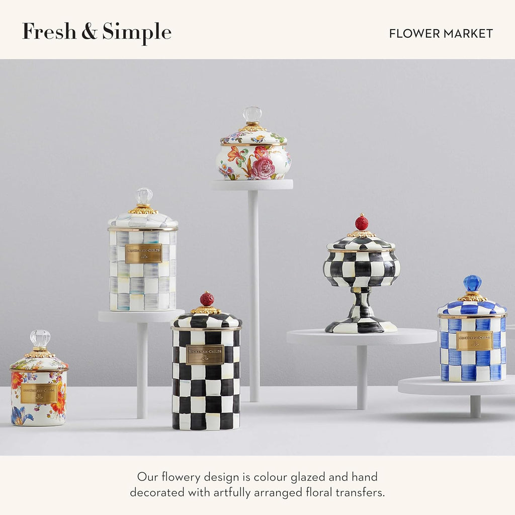 MACKENZIE-CHILDS Enamel Squashed Pot, Cute Enameled Container with Lid, 20 Ounces, White Flower Market