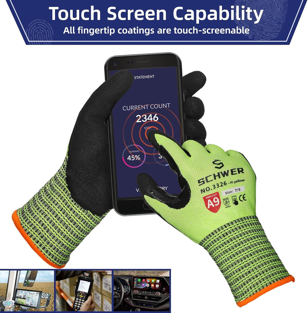 Schwer ProGuard Highest Level Cut Resistant Work Gloves PR3326 for Extreme Protection，ANSI A9 Cut Gloves with Reinforced Thumb, Non Slip, Breathable, Durable, Touch-screen, Non PFAS, Yellow1 Pair（S）