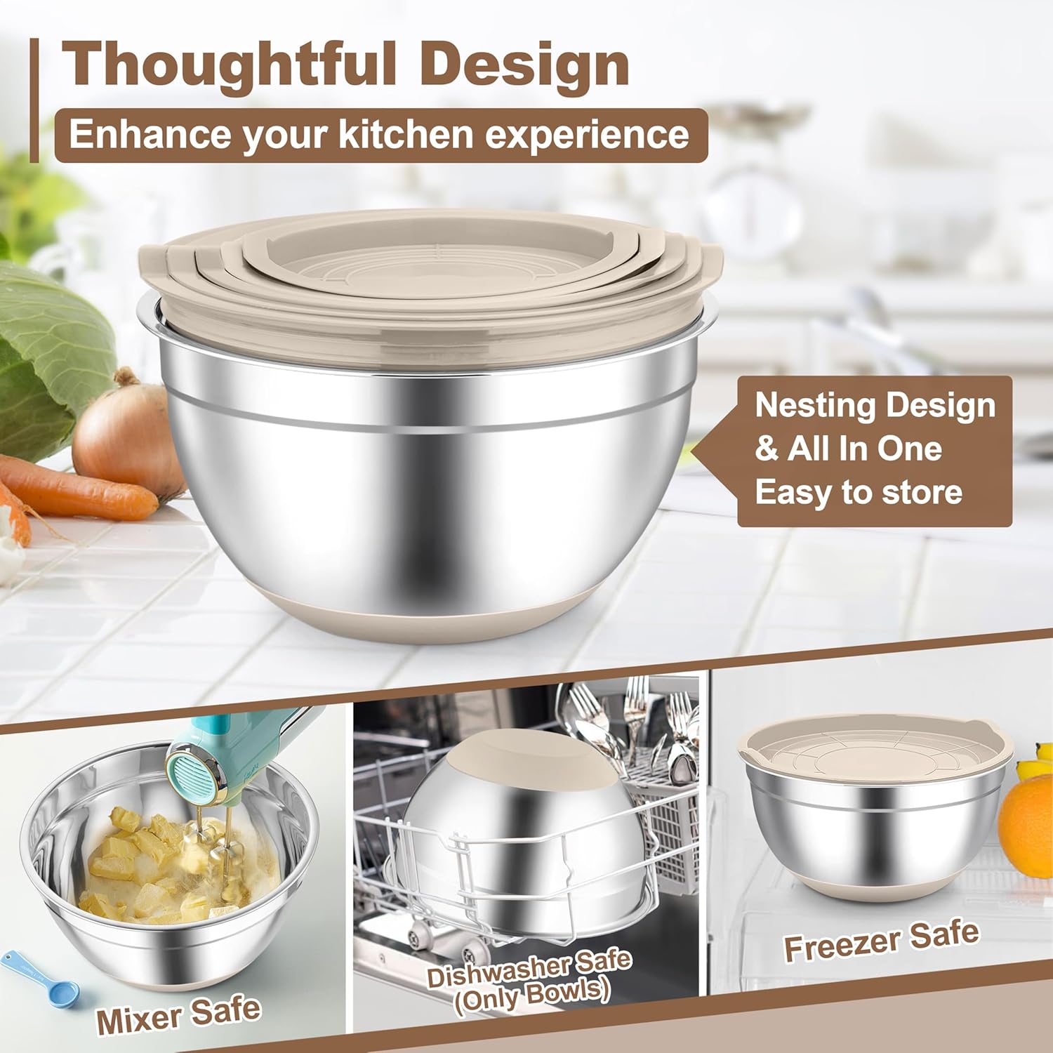 TeamFar Khaki Mixing Bowls, 6-Piece Stainless Steel Nesting Salad Bowls with Lid Set for Prepping Baking, Non-Toxic & Stackable, Air-Tight Lid & Non Slip Bottom, 4.6/2.6/2/1.5/1 / 0.7 QT