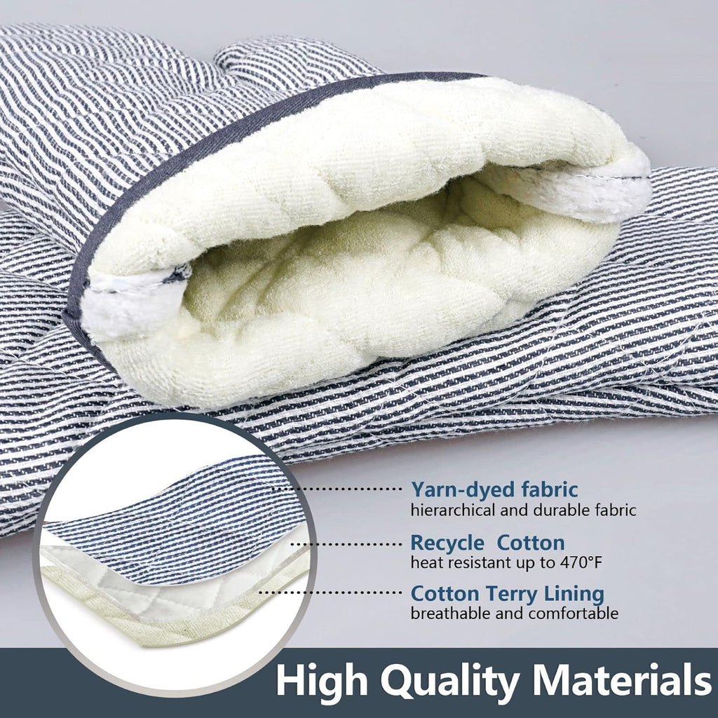 1 Pair Yarn Dyed Oven Mitts 100% Cotton Heat Resistant 470 Degree Gloves Men Women Cooking Baking Barbecue BBQ Microwave Crafting Machine Washable Pot Holders Mittens (Grey)