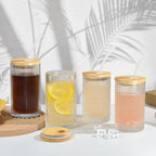 13 oz Drinking Glasses Set of 4 with Bamboo Lids Straws Hobnail Boho Glassware Set Vintage Glass Cups Embossed Iced Coffee Cup for Beer Cocktail Beverage(Hobnail)