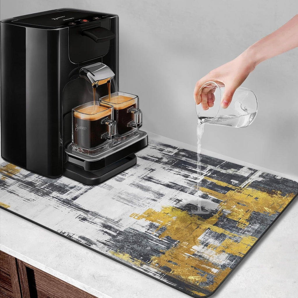 Arttown Coffee Mat for Countertops, Abstract Black Golden Minimalism Grey Dish Drying Mat 2 Pcs for Kitchen Bar Accessories, Coffee Maker Espresso Machine Dish Rack Hide Stain Rubber 12x19in