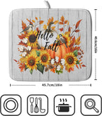 Hello Fall Sunflowers Dish Drying Mat for Kitchen Counter,Autumn Pumpkin Maple Leaves Drying Mat 16 x 18 Inch with High Absorbent Microfiber Dish Drying Drainer Mat for Coffee Bar