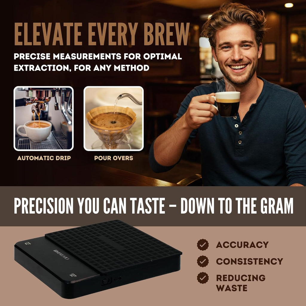 All-New 2025 Mini Coffee Scale w/Timer - 0.1g Precision Espresso Pour-Over Scale | 0.3-3kg Capacity - Rechargeable 400mAh Battery Lasts 45 Days/244 Cups Per Charge - Auto/Manual/Countdown Timer Modes