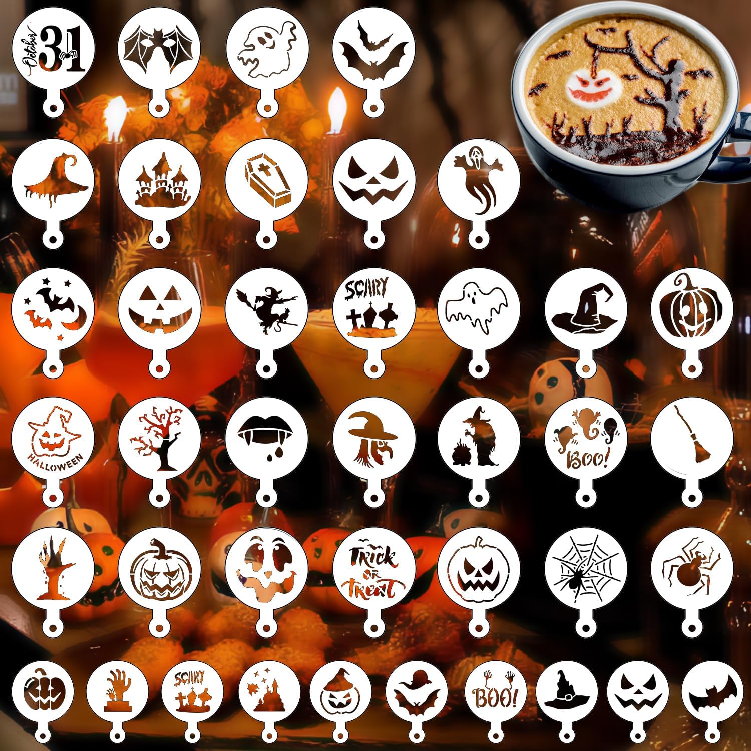 40 Pieces Halloween Cake Cookie Stencils 3.5in Reusable Pumpkin Templates Mold Tools for Cookies DIY Holiday Baking Painting Dessert Craft Coffee Decoration