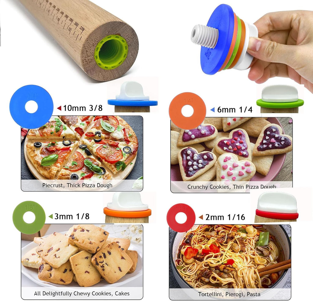 Adjustable Rolling Pin 4 Set and Silicone Baking Pastry Mat Setpastry,Siliconebrush and spatul,AdjustableThickness Rings,Wooden Dough Roller Rolling Pins for Baking Dough, Pizza, Pie
