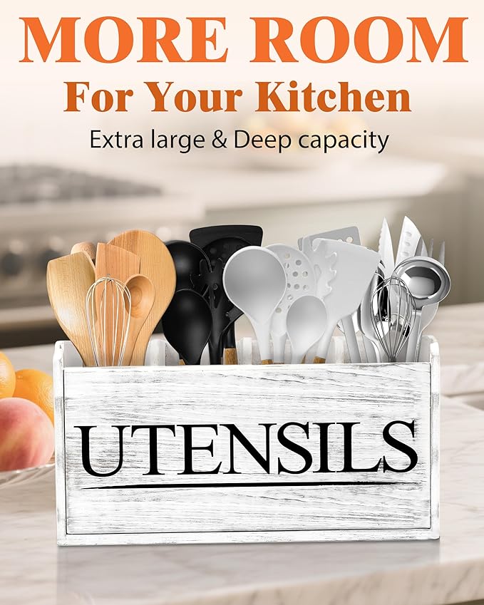Kitchen Utensil Holder for Kitchen Counter Large Wooden Organizer for Cooking Utensils Utensil Holder Counter Rustic Décor