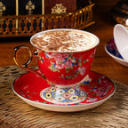 KAMMAK Tea Cups and Saucers Set of 2, Porcelain Coffee Cup with Saucer for Espresso, Cappuccino, 9.8oz Vintage Yellow Floral Ceramic Demitasse Mug for Home, Tea Party, Office