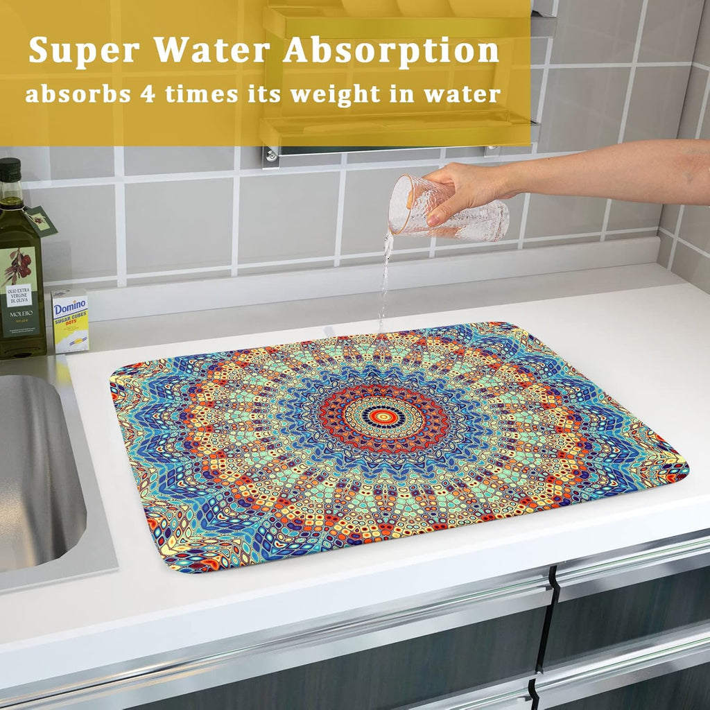 Bohemian Mandala Dish Drying Mat for Kitchen Counter Boho Ethnic Drying Mat 18 x 24 Inch with High Absorbent Reversible Microfiber Dish Drying Pad Dish Rack Pad Drainer Mat for Coffee Bar
