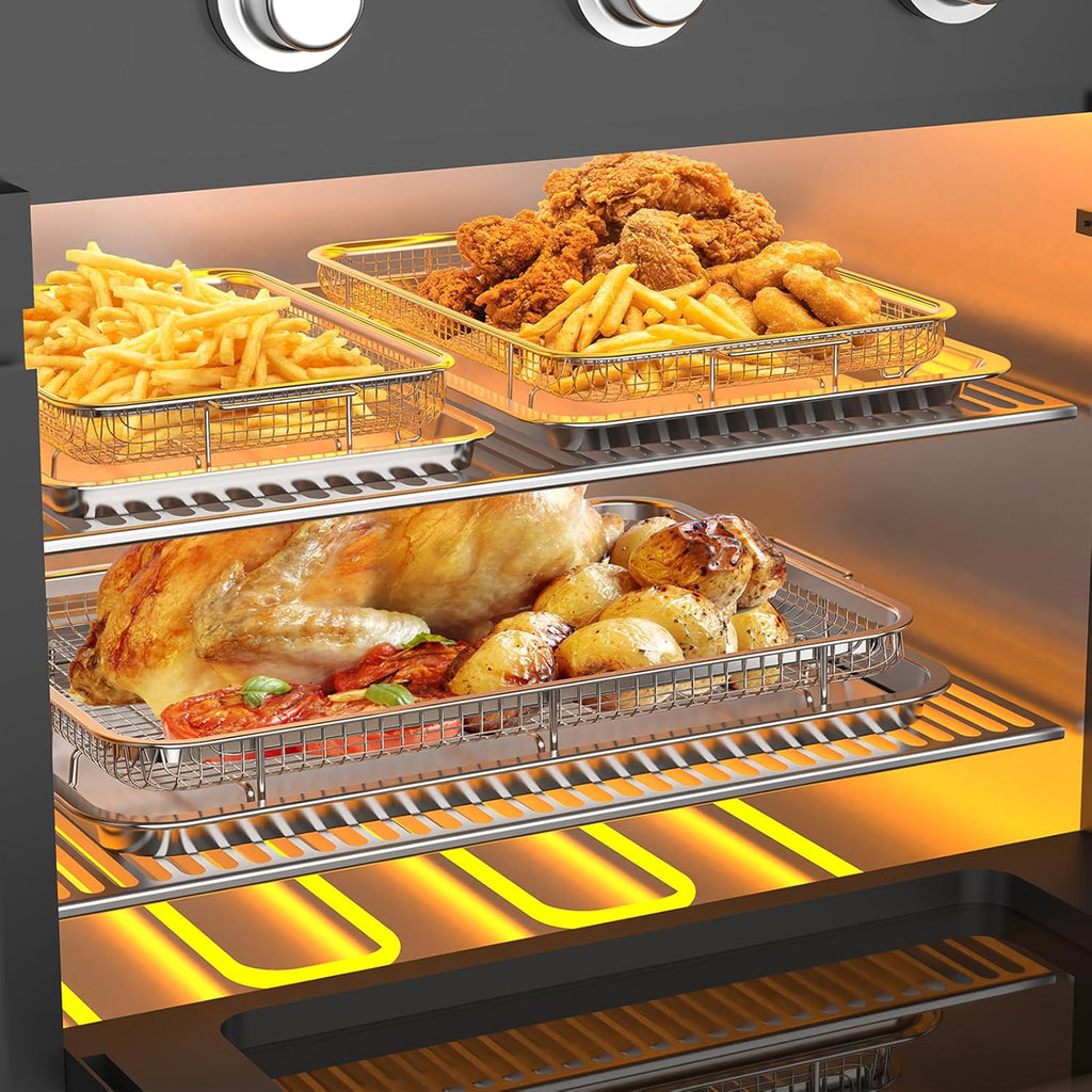 Air Fryer Basket for Oven, 3 Set Stainless Steel Oven Air Fryer Basket and Tray with 90 PCS Parchment Papers, OPENICE Air Fryer Pans and Crisper Tray - 18.7" x 12.8", 15.6" × 11.6" & 12.8" × 9.6"