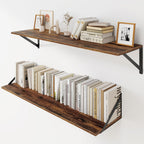 Heimlove Deep Floating Shelves for Wall, 36W x 8D Wood Wall Shelves Set of 2, Wide Floating Bookshelf for Living Room, Kitchen, Office, Bedroom and Decor Storage, with Metal Bracket - Rustic Brown