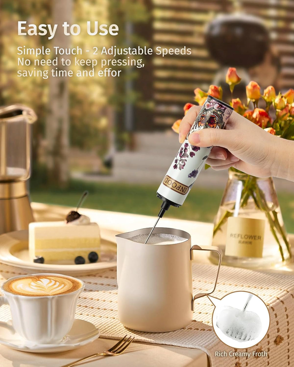 Milk Frother Rechargeable with Cover - Coffee Frother Wand, Drink Mixer Handheld with 2 Detachable Stainless Whisks 2 Speed Adjustable for Latte, Cappuccino, Hot Chocolate, Egg, White Floral