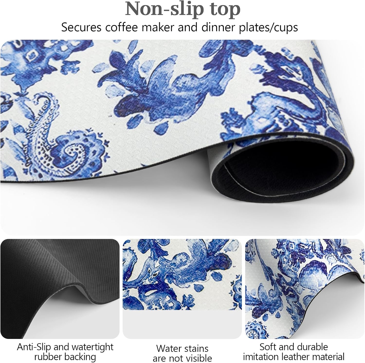 Bloss Dish Drying Mat, 12.2"x19.7" Absorbent Coffee Bar Mat with Waterproof Rubber Back, Fit Under Coffee Maker Machine/Kitchen Counter(Ink Cyan Flower)