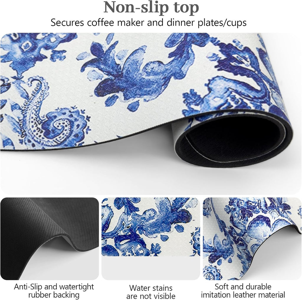 Bloss Dish Drying Mat, Multiple Usage Coffee Bar Mat, Kitchen Counter Mats, Absorbent Hide Stain Rubber Backed Dish Drying Pad(16.1"x24.1", Ink Cyan Flower)