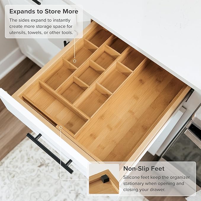 KitchenEdge Tea Bag and Coffee Pod Kitchen Drawer Organizer, Expandable 9.7 to 17 Inches, 10 Accessory Compartments with Adjustable Wall Inserts, Non-Slip Rubber Feet, 100% Sustainable Bamboo Wood