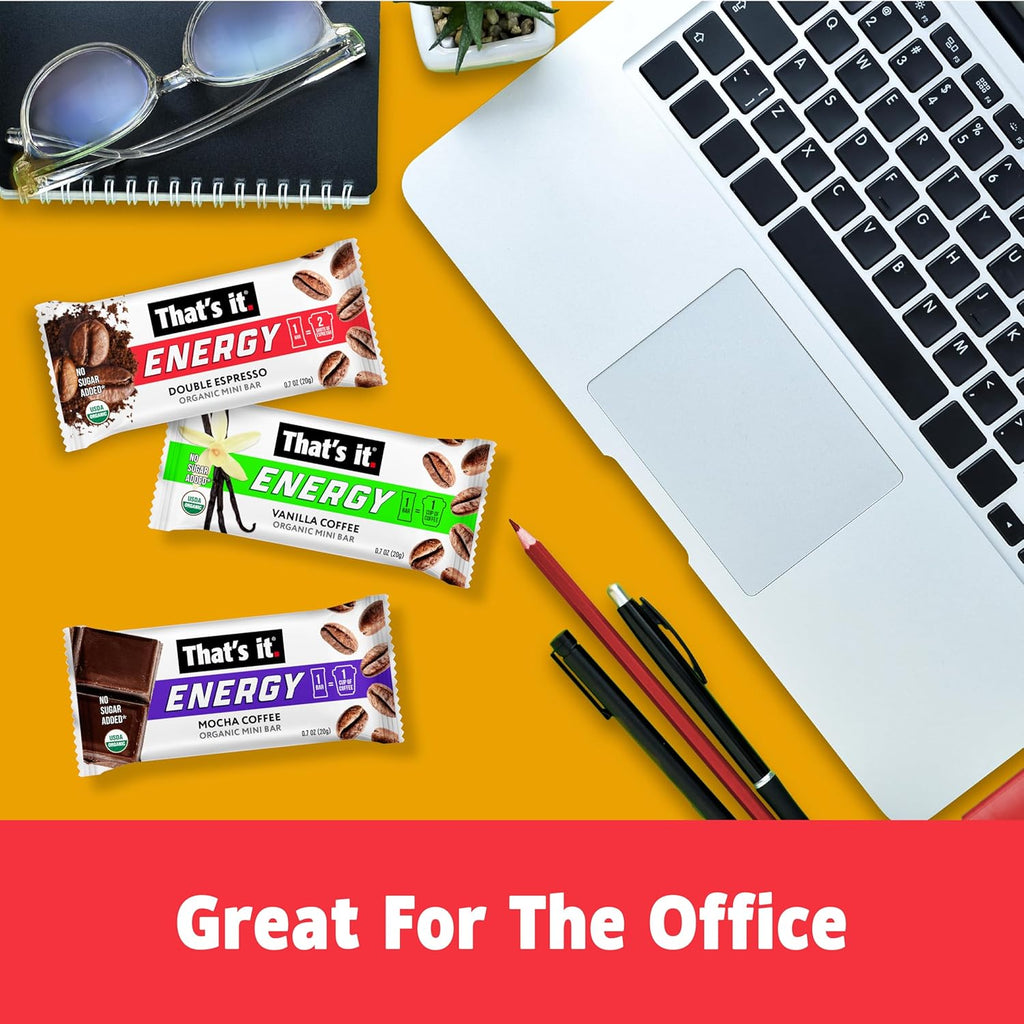 That’s it. Organic Energy Coffee Mini Bars - (6 each of Vanilla, Mocha, Double Espresso) Grab and Go, No Added Sugars, Non-GMO, Caffeine Power Snack, Kosher, Allergy Friendly (Variety - 18 Count)