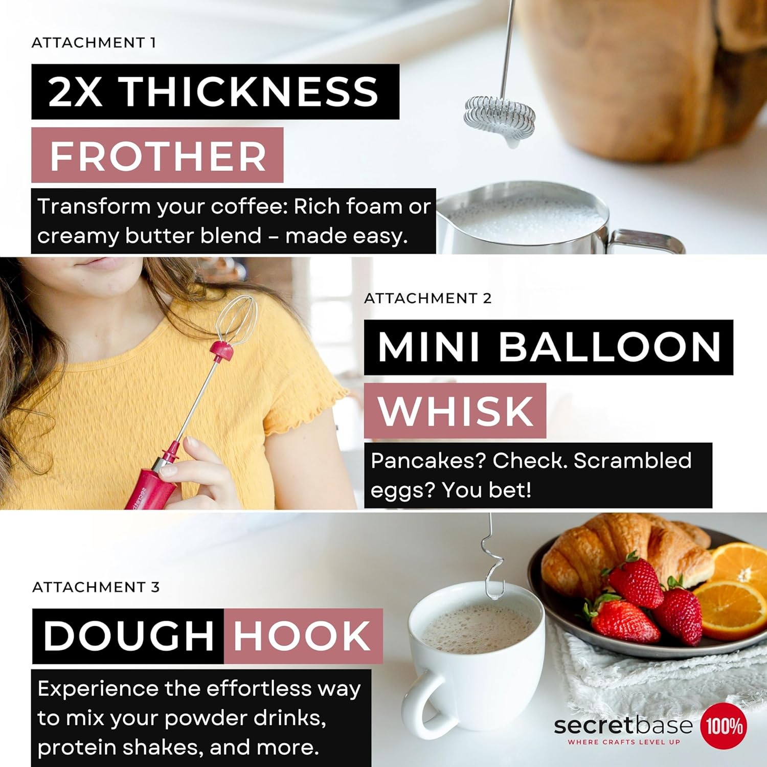 Secretbase Rechargeable Milk Frother Mixer, Pitcher and Charging Base - 3 Speed Handheld Foam Maker for Barista Style Coffee, Bulletproof Coffee, Keto Coffee and Matcha Latte