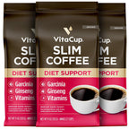 VitaCup Slim Ground Coffee, Diet Support with Ginsen, B Vitamins, Medium Dark Roast, Bold and Smooth,100% Arabica Specialty Coffee Grounds, 3 bags, 11oz each