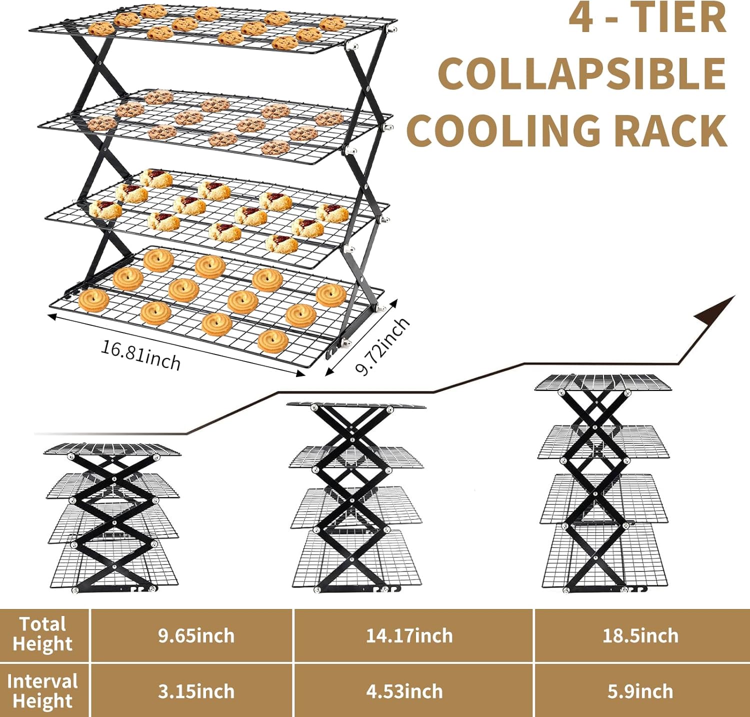 Cooling Racks for Cooking and Baking，2/3/4-Tier Upgraded Collapsible Cooling Rack，Adjustable 3 Setting Stackable Design，Nonstick Wire Rack for Baking，Roasting，Drying，Cookie，Cake，Muffins，Space Saving