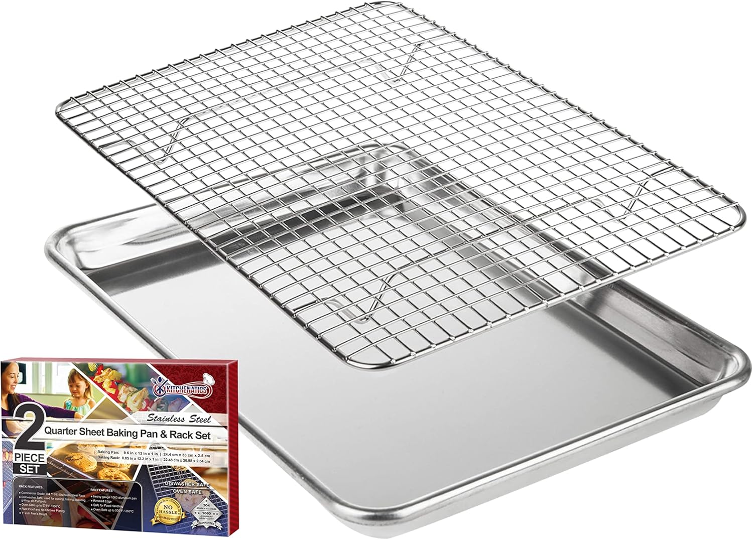 KITCHENATICS Small Quarter Sheet Baking Pan with Rack, Stainless Steel Baking Rack & Aluminum Cookie Sheet Baking Pan Toast Oven Tray w/Cooling Rack, 1/4 Sheet Pan & Wire Rack Set - 9.6" x 13" IN Pan