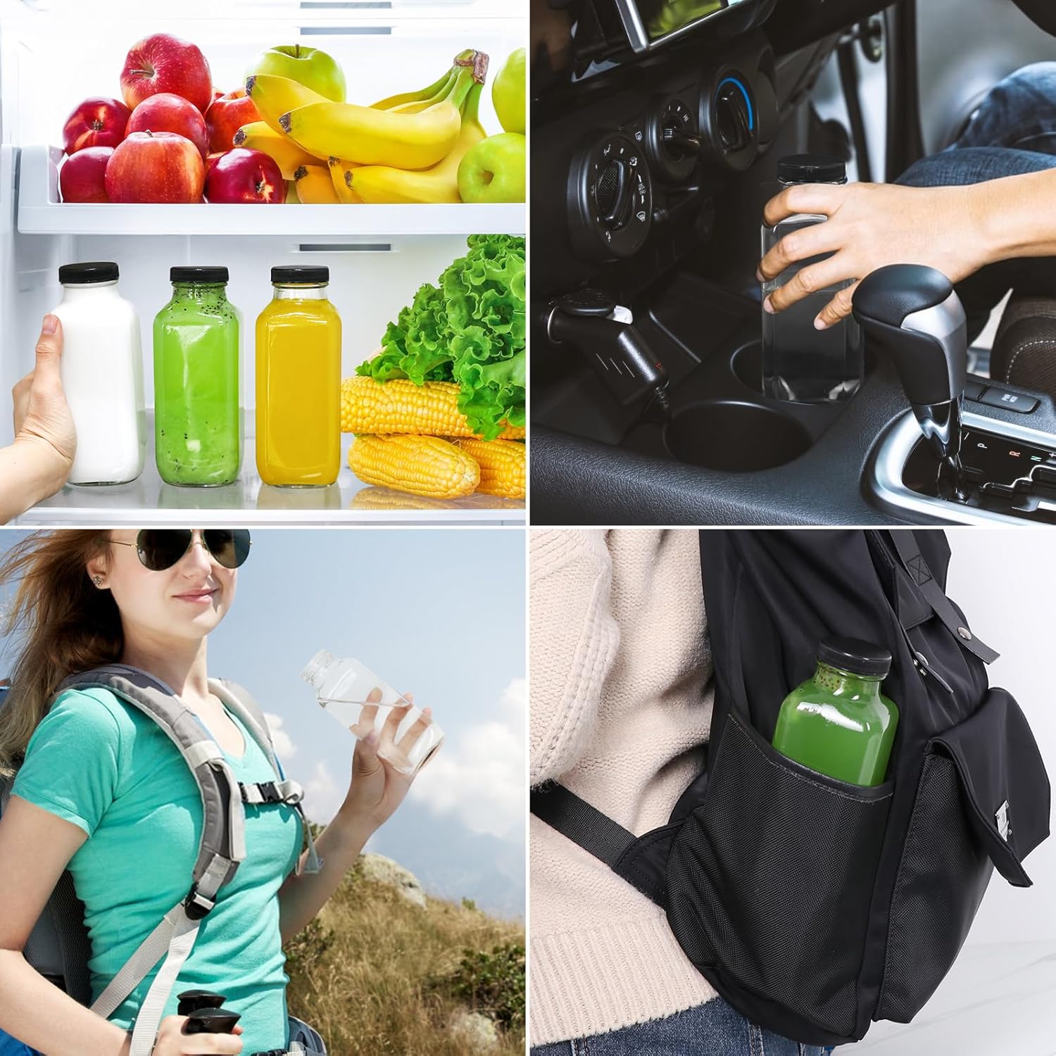 STARSIDE 16 oz Glass Juice Bottles with Lids 3 Pack - Square Reusable Drinking Jars for Juicing, Milk, Kombucha - Includes 1 Bottle Brush, 6 Colored Labels