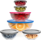 Set of 6 Stackable Space-Saving Nesting Glass Bowls with BPA Free Lids for Foodprep, Storage, Baking, Mixing & Cooking, Microwave Safe - Durable Inert Borosilicate Glass