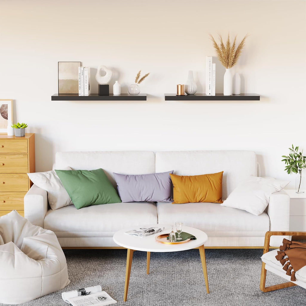 Floating Shelves for Wall, Black Wood Set of 2, 24" Mounted Shelf for Kitchen, Living Room, Bedroom, Bathroom Storage, Book Shelf, Home Decor, Frame Display