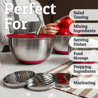 Priority Chef Stainless Steel Mixing Bowls with Lids Set, 3 Grater Attachments, Airtight Lids, Non-Slip Silicone Base Mixing Bowl Set, Large Prep Metal Mixing Bowls for Kitchen, Red