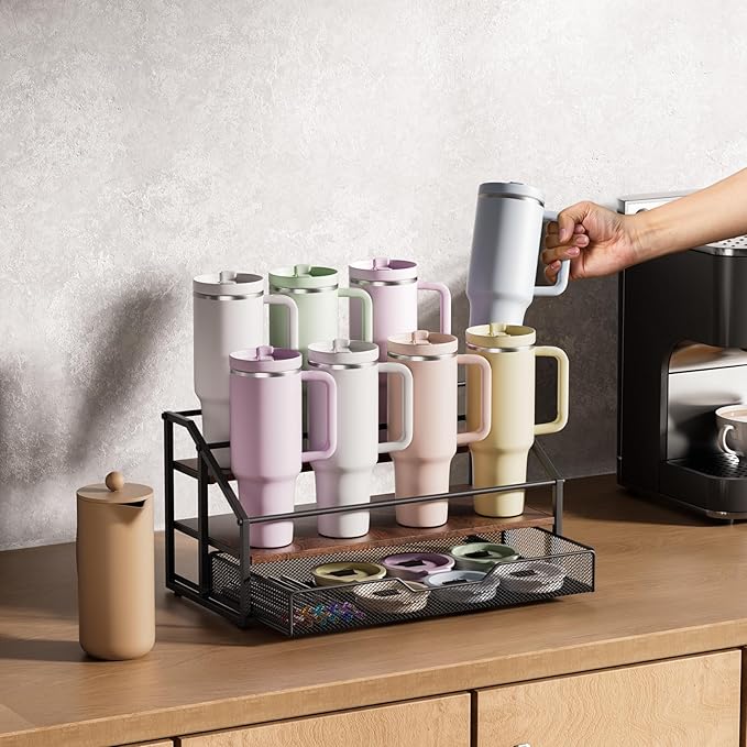 MOJOHAND Water Bottle Organizer for Stanley, 3-Tier 8 Bottles Rack with Storage Basket for Cup Accessories, Large Tumbler Holder Stand, Water Bottle Holder Wine Rack